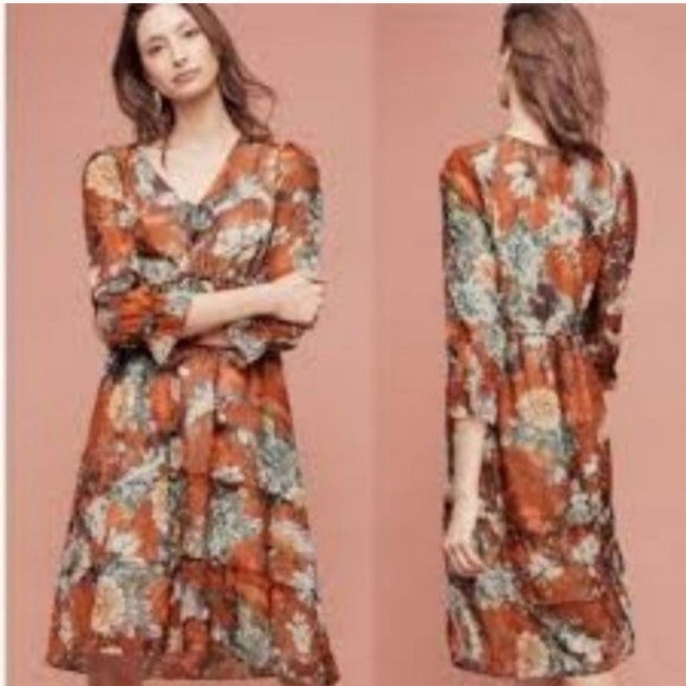 Hemant & Nandita Zeri Brown Floral Tiered Peasant  Dress